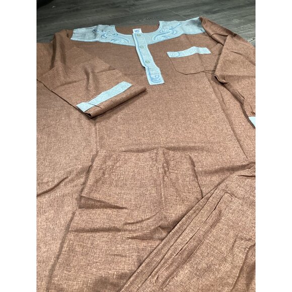 Brown KAF Mens Traditional Thobe & Pants Set With Embroidered Details Size 58 - Picture 2 of 11